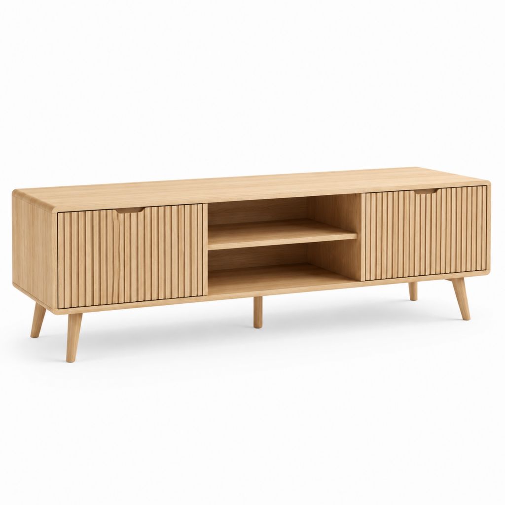 Mobile TV rettangolare rovere naturale in MDF impiallacciato con ante scanalate 160 x 40 x 60 cm