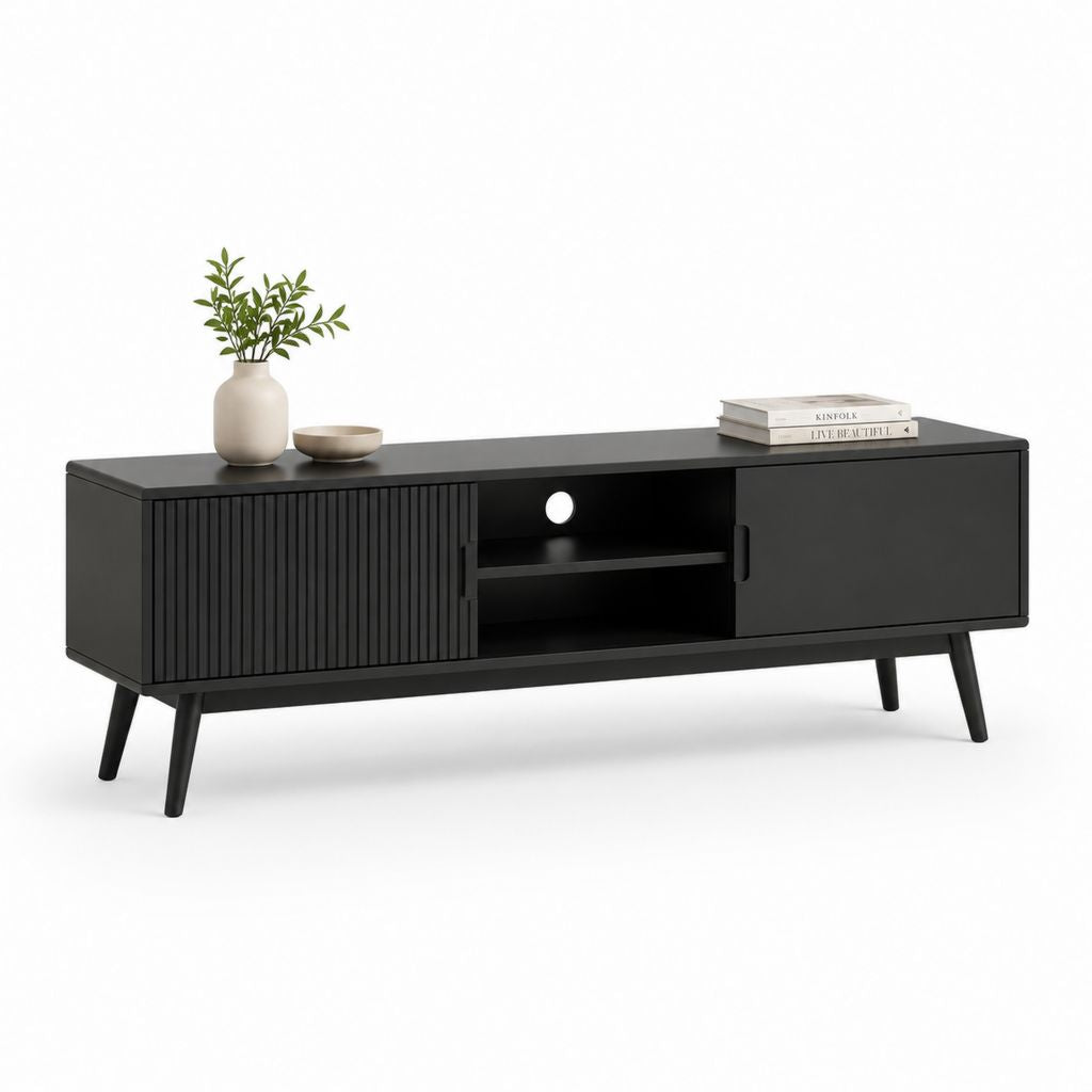 Mobile porta TV nero in MDF con ante scorrevoli e vano cavi 160 x 40 x 55 cm