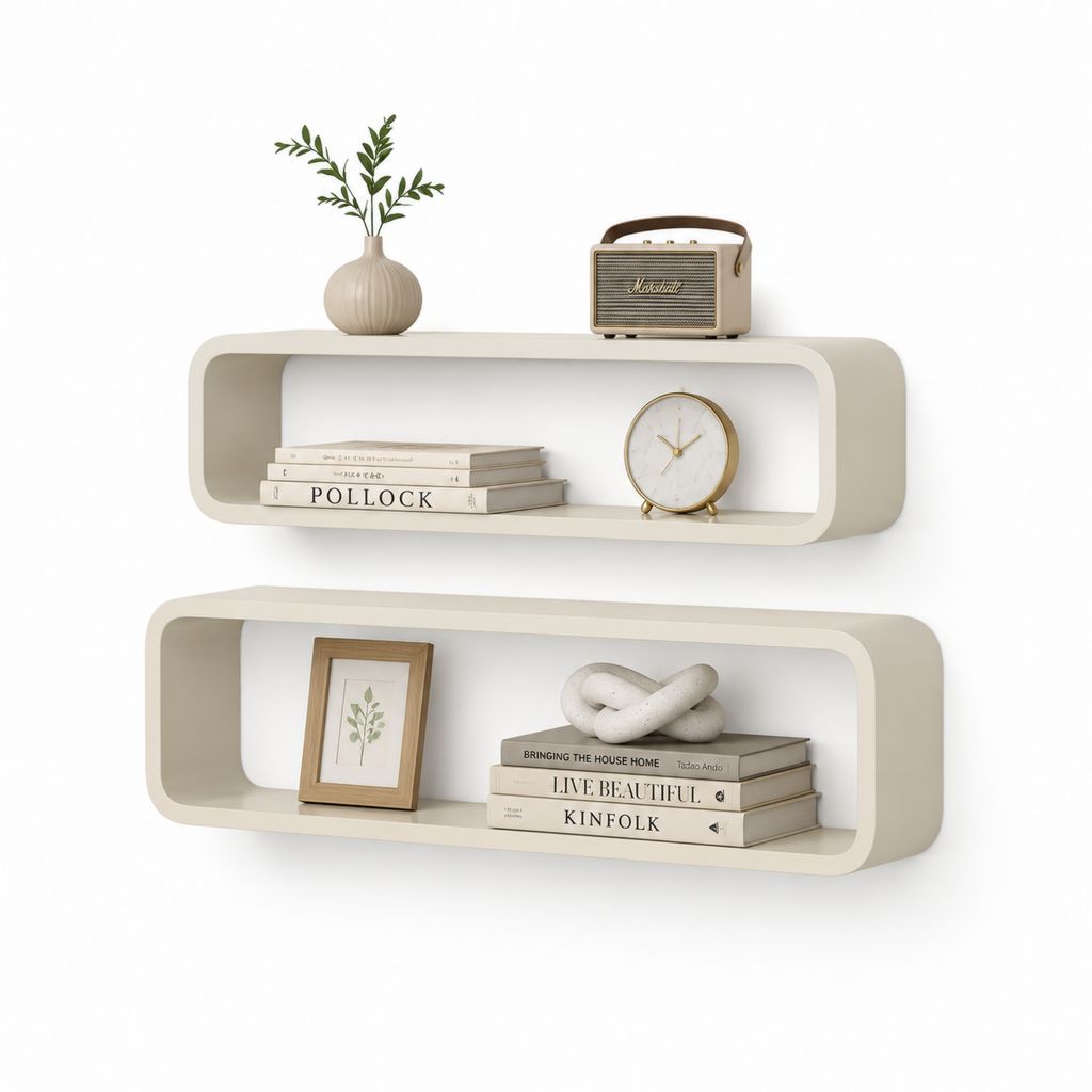 Set 2 Mensole da Parete Avorio in MDF Laccato Rettangolari con Angoli Arrotondati 80 x 20 x 20 cm