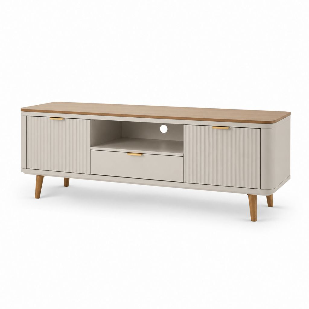 Mobile TV rettangolare bianco e rovere in MDF 180 x 40 x 55 cm con 2 ante cassetto e passacavi