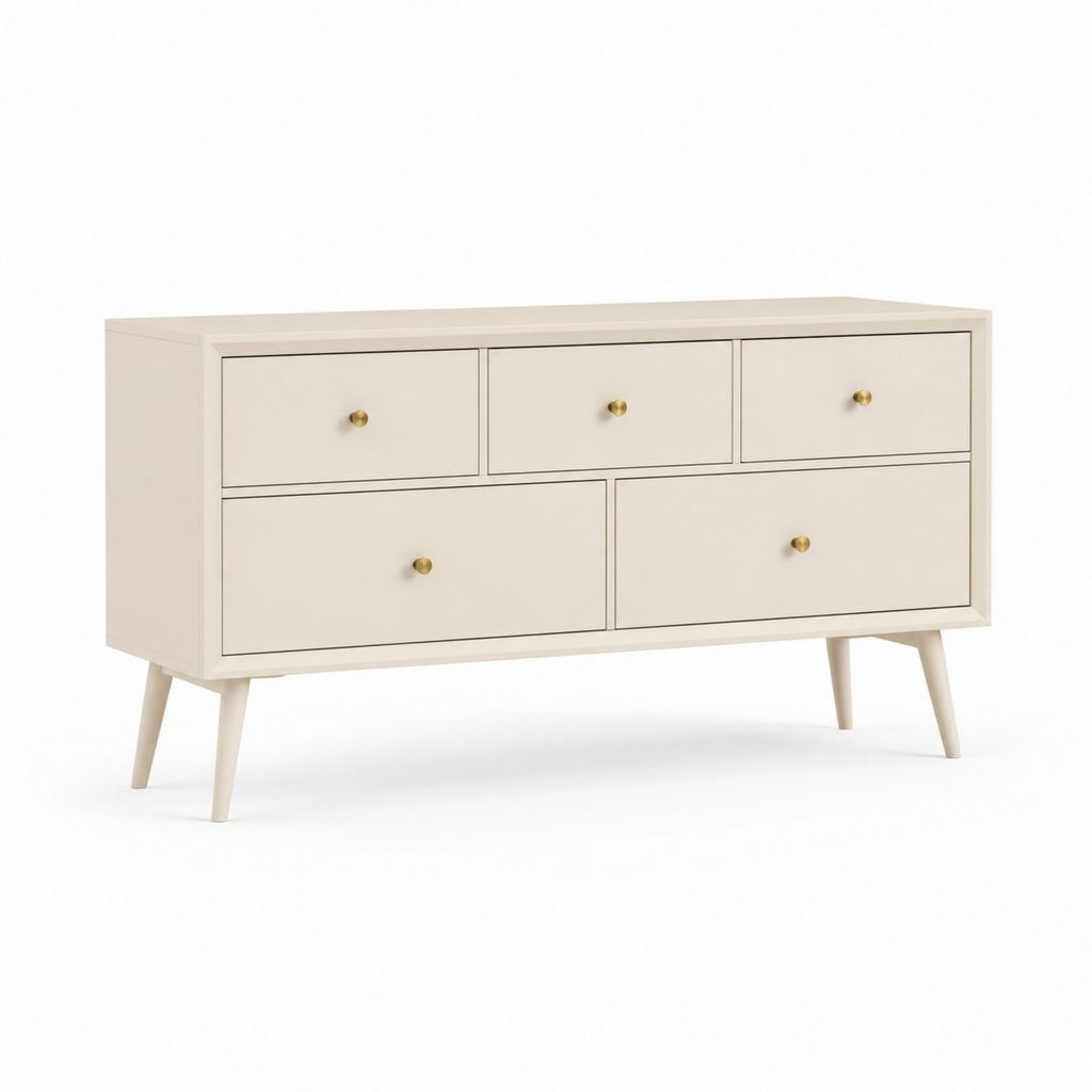 Cassettiera bassa 5 cassetti avorio in MDF laccato rettangolare 140 x 40 x 75 cm