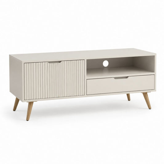 Mobile TV basso beige in MDF con gambe in legno massello 120 x 40 x 60 cm