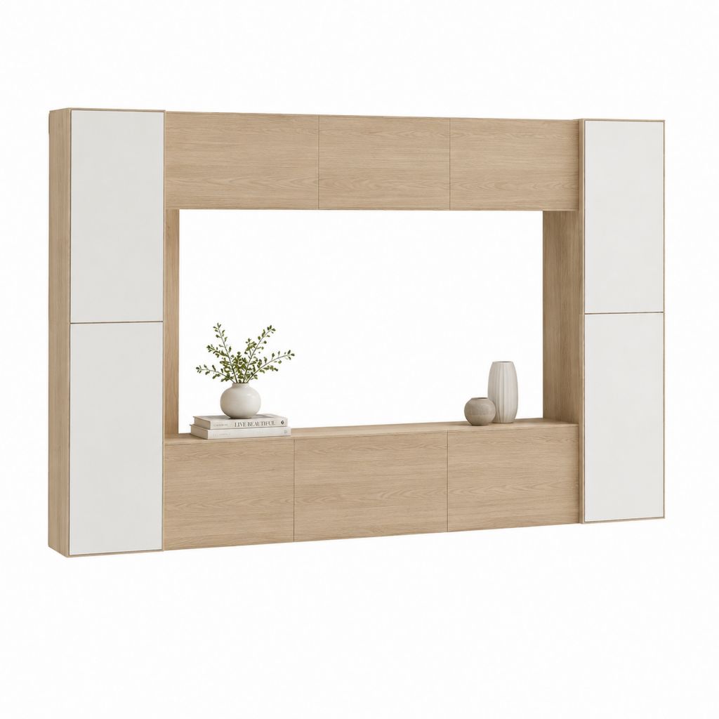 Parete attrezzata porta TV rettangolare rovere chiaro e bianco in pannello truciolare nobilitato 300 x 40 x 200 cm