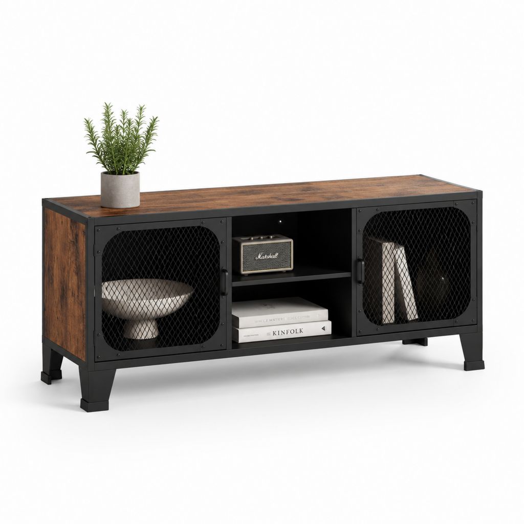 Mobile porta TV rettangolare marrone e nero in truciolare e acciaio con 2 ante in rete 120 x 40 x 65 cm