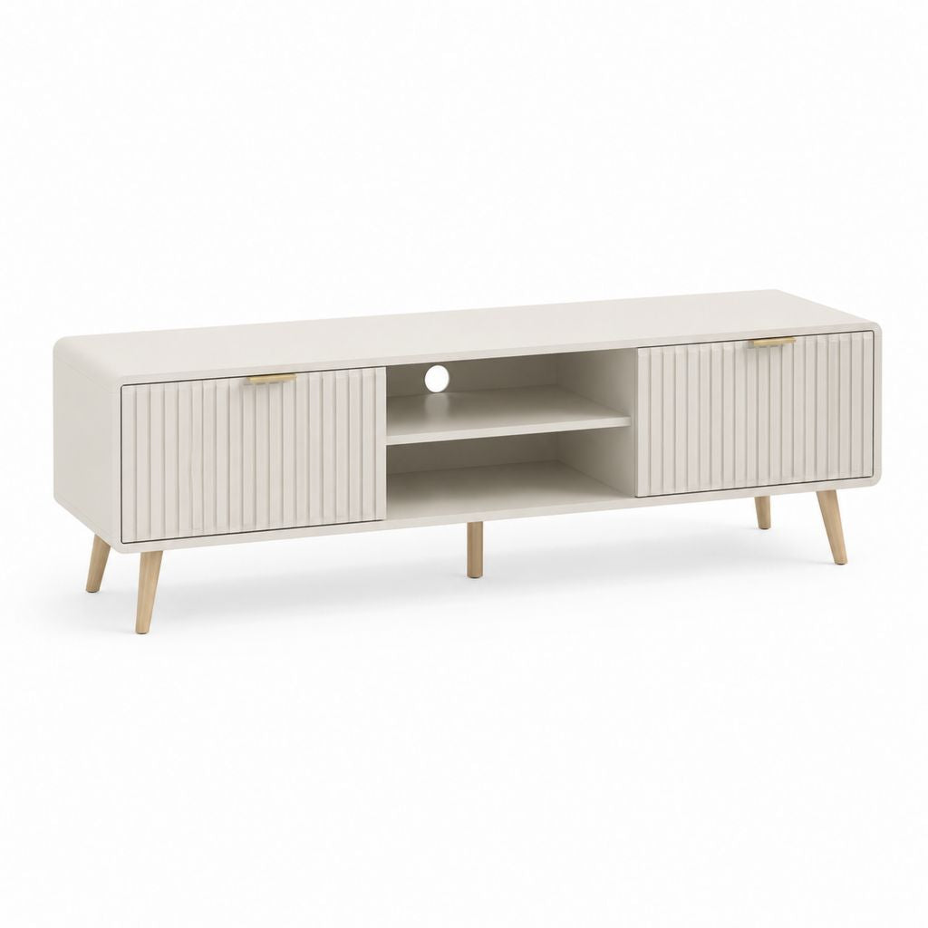 Mobile TV rettangolare bianco in MDF con ante scanalate e gambe in legno massello 160 x 40 x 55 cm