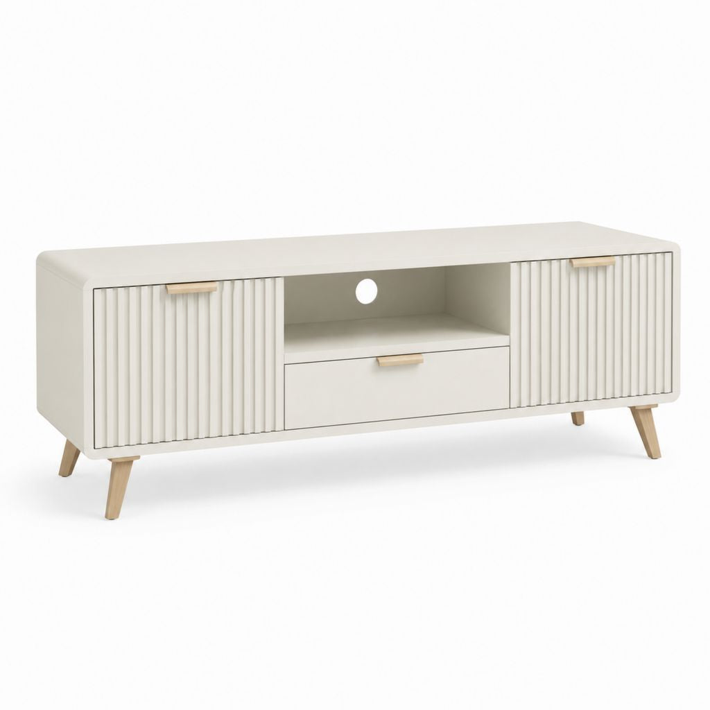 Mobile TV rettangolare crema in MDF e legno massello 160 x 40 x 55 cm con 2 ante e cassetto