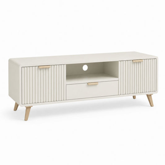 Mobile TV rettangolare crema in MDF e legno massello 160 x 40 x 55 cm con 2 ante e cassetto