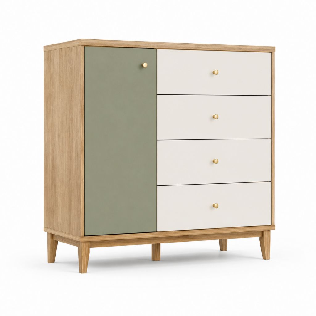 Cassettiera bassa con anta e 4 cassetti verde salvia bianco effetto rovere in MDF 100 x 40 x 110 cm