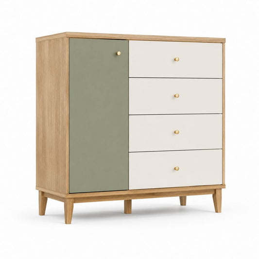 Cassettiera bassa con anta e 4 cassetti verde salvia bianco effetto rovere in MDF 100 x 40 x 110 cm