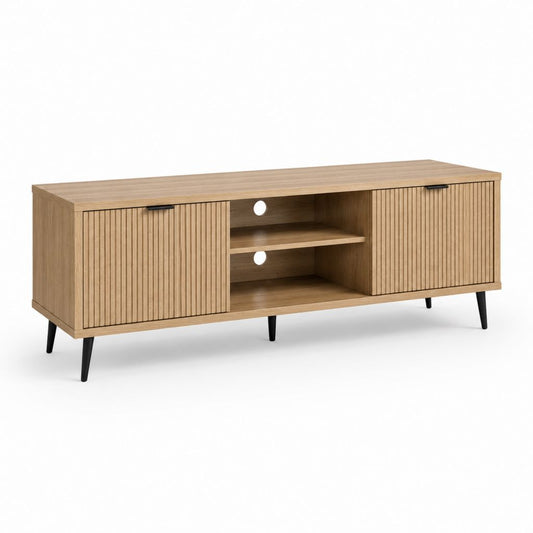 Mobile TV basso rovere con ante scanalate e ripiani aperti 160 x 40 x 60 cm