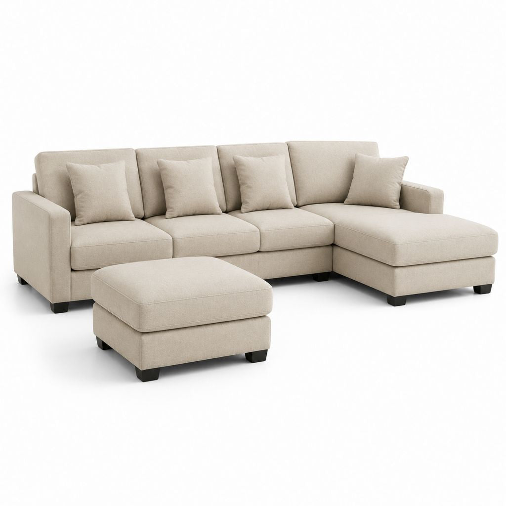 Set divano angolare a destra con pouf beige in poliestere a L 280 x 160 x 85 cm