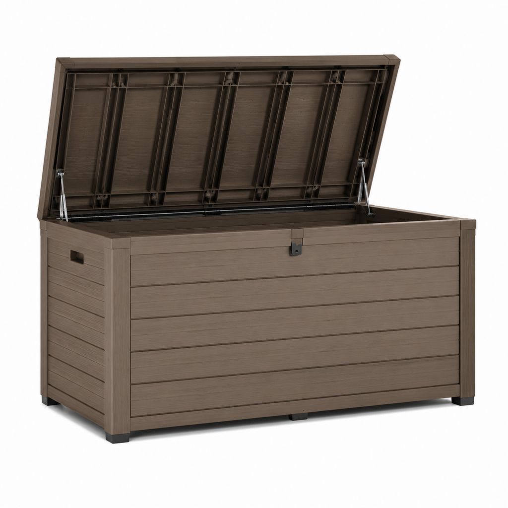Baule da giardino in PP marrone con coperchio a pistoni 155.4 x 72.4 x 64.4 cm 570 L