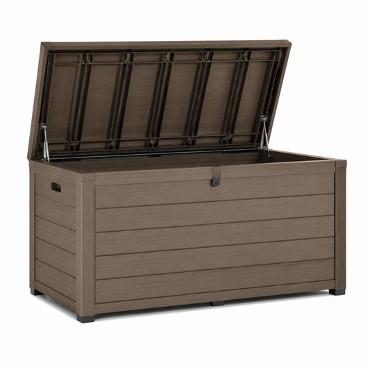 Baule da giardino in PP marrone con coperchio a pistoni 155.4 x 72.4 x 64.4 cm 570 L