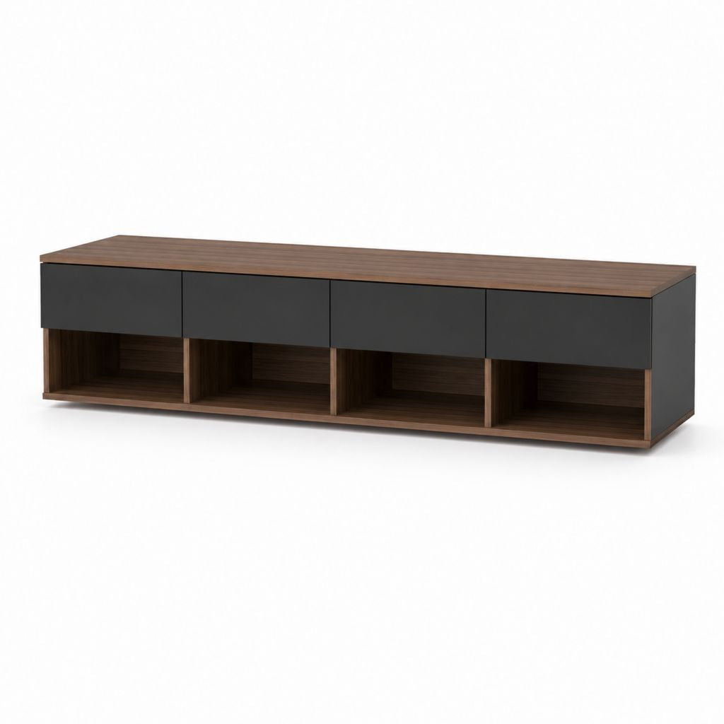 Mobile TV con 4 cassetti e 4 vani a giorno nero e noce in truciolare rivestito in melamina 200 x 40 x 50 cm