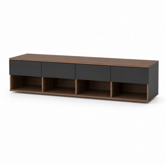 Mobile TV con 4 cassetti e 4 vani a giorno nero e noce in truciolare rivestito in melamina 200 x 40 x 50 cm