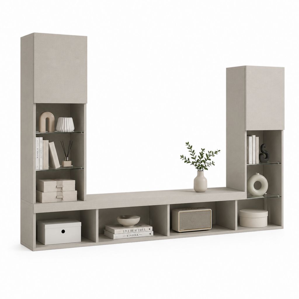 Parete attrezzata porta TV grigio tortora in pannelli truciolari e vetro 240 x 35 x 180 cm