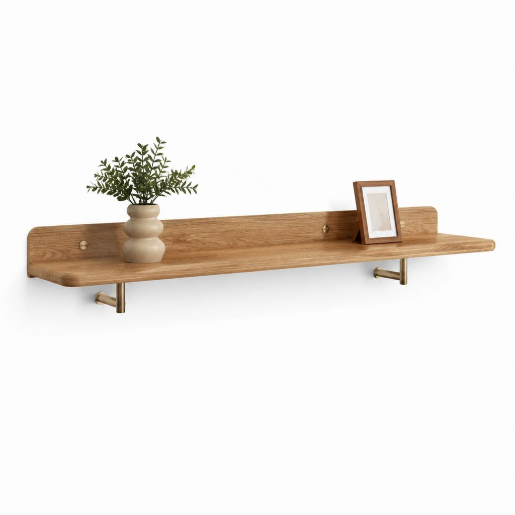Mensola da parete in rovere naturale con staffe color ottone 100 x 20 x 18 cm