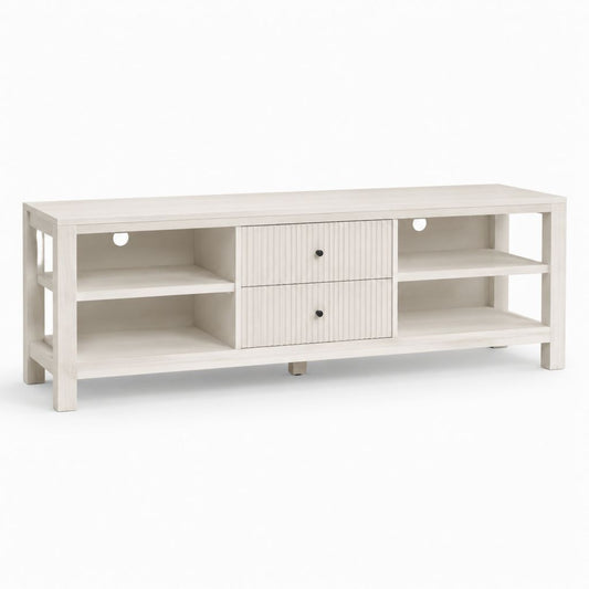 Mobile TV rettangolare bianco in legno massello di pino con 2 cassetti e 4 vani 150 x 40 x 65 cm