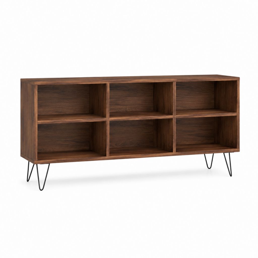Mobile porta TV in MDF impiallacciato noce con 6 vani e gambe in acciaio 120 x 40 x 60 cm