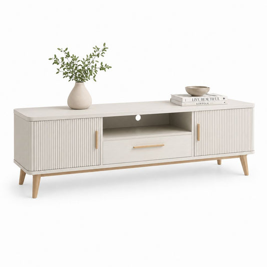 Mobile TV con ante scanalate bianco crema in MDF e gambe in legno massello 160 x 40 x 55 cm